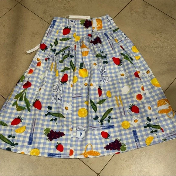 NWT Lisa Says Gah Maeve Midi Skirt Picnic Alfresco Gingham Blue Fruit Vegetable - Picture 4 of 7